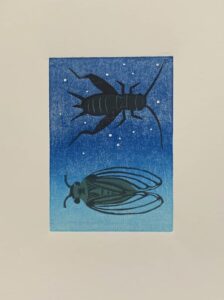 Amanda Tomlin Linocut Cicada and Grasshopper