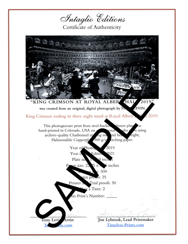 King Crimson - Royal Albert Hall 2019 - Certificate of Authenticity